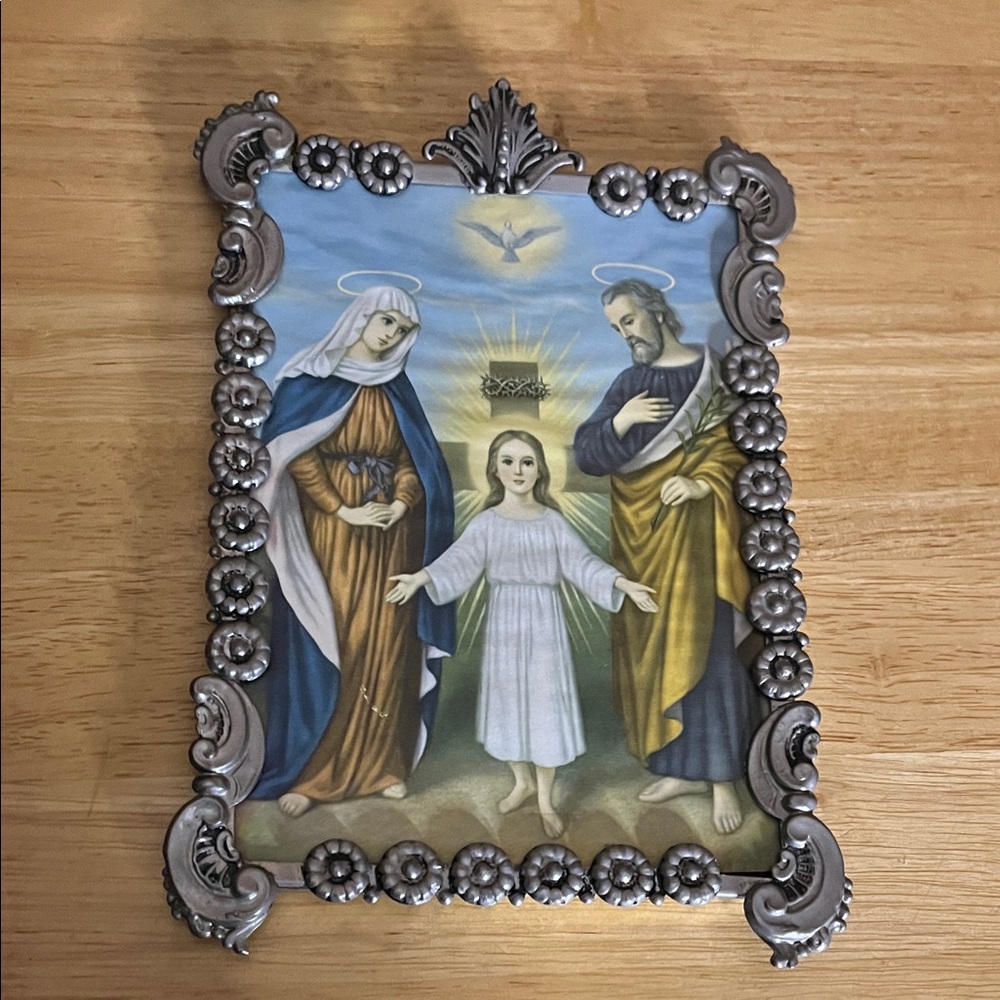 😄Religious family art 50’s circa ornate metal frame